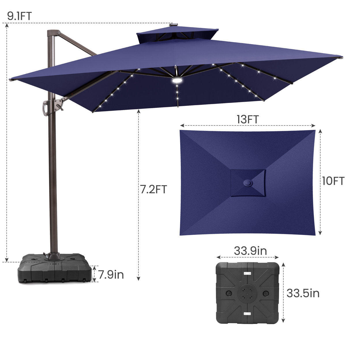 13' X 10' Patio Lighted Cantilever Umbrella, Base Included