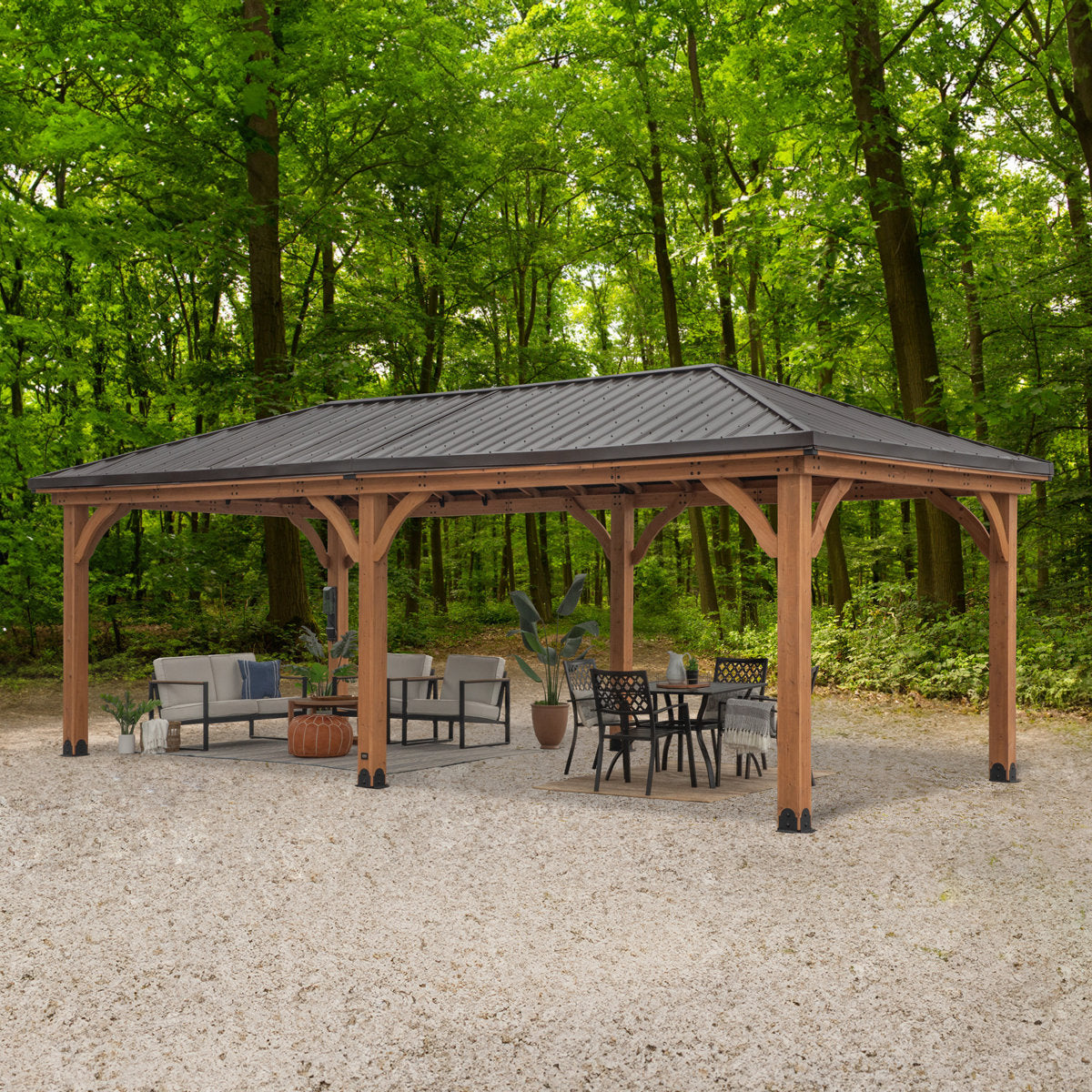 Backyard Discovery Barrington 24' x 12' Cedar Wood Outdoor Patio Gazebo with Hardtop Galvanized Steel Hip Roof and PowerPort