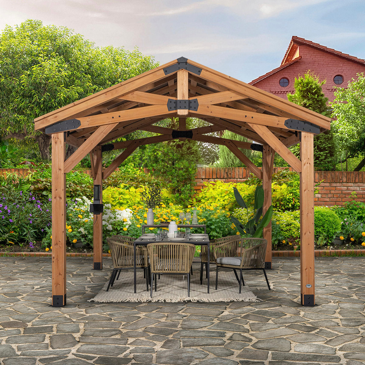 Backyard Discovery Norwood 14' x 10' Cedar Wood Outdoor Patio Gazebo with Hardtop Galvanized Steel Peak Roof and PowerPort