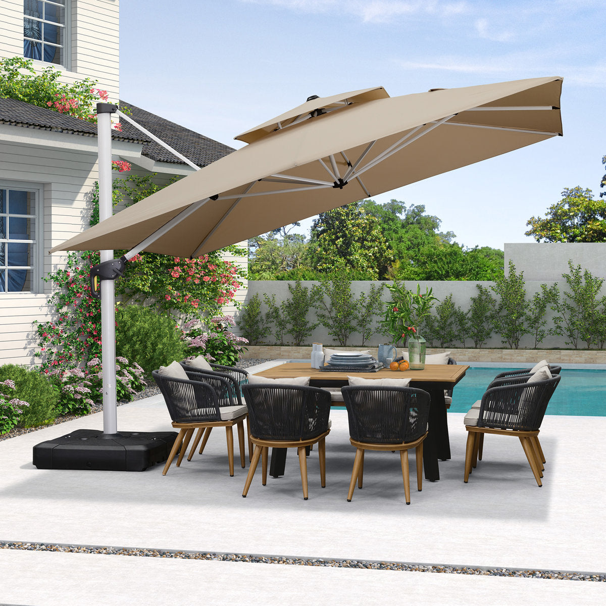 Myrtille 12' x 12' Square Silver Thicker Pole Cantilever Umbrella With Base,Beige