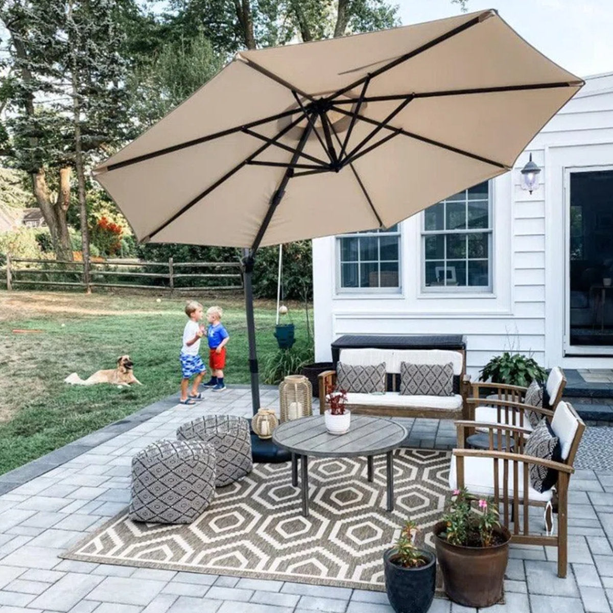 PURPLE LEAF 11FT Round Octagonal Outdoor Cantilever Beige Umbrella with Base and 360-degree Rotation