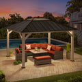 Sunjoy 11¡¯ x 13¡¯ Grayden Wood Gazebo, Outdoor Patio Solar Powered Hardtop Gazebo with One-Tier Metal Roof, LED Light and Ceiling Hook