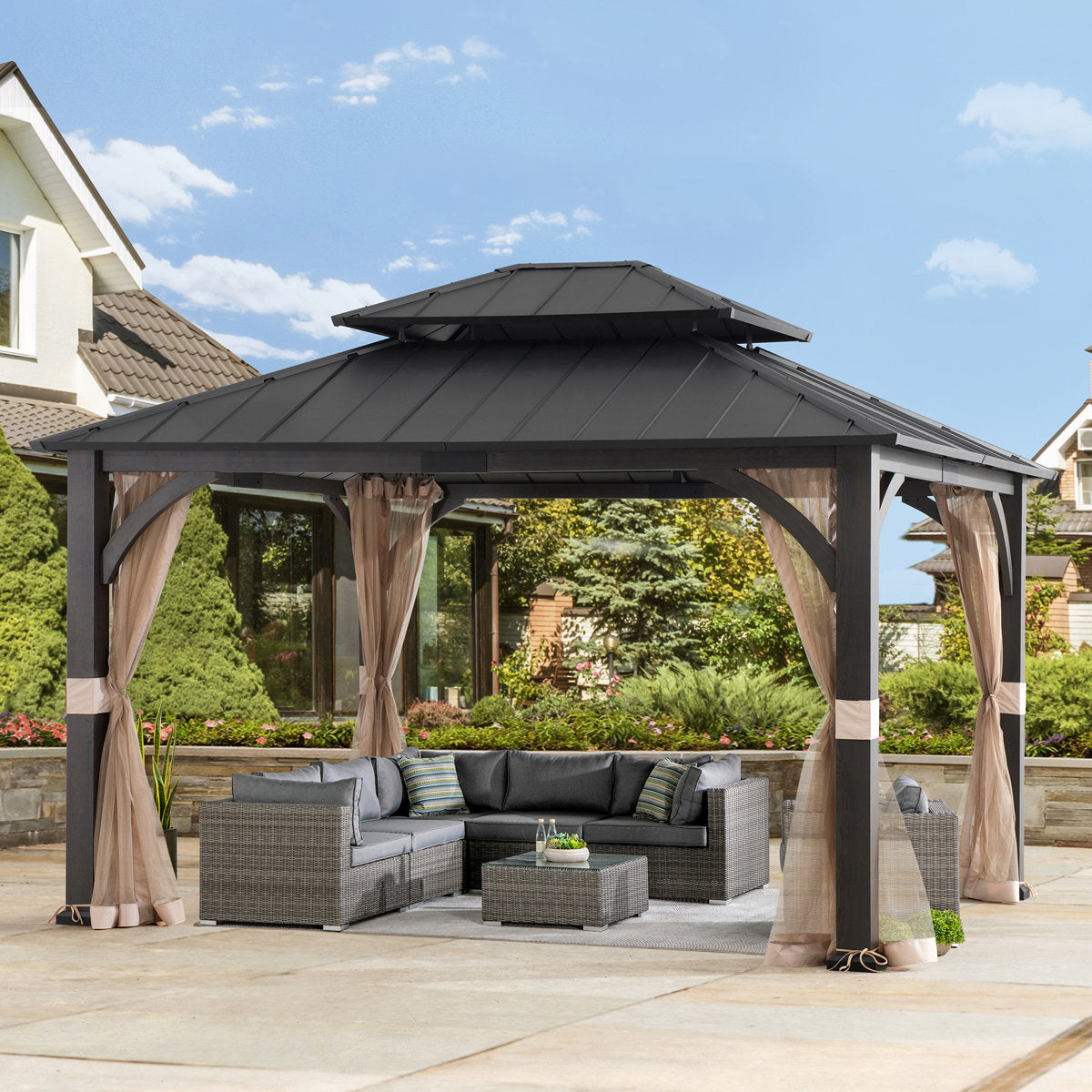 Sunjoy Hardtop Gazebo 13 x 15 ft. Outdoor Patio Steel Frame Gazebo with 2-Tier Metal Roof and Mesh Netting, Black
