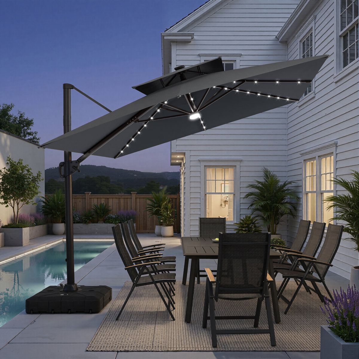 Wasif 12' X 9' Rectangular Patio Cantilever Solar Led Light Umbrella with Weighted Base